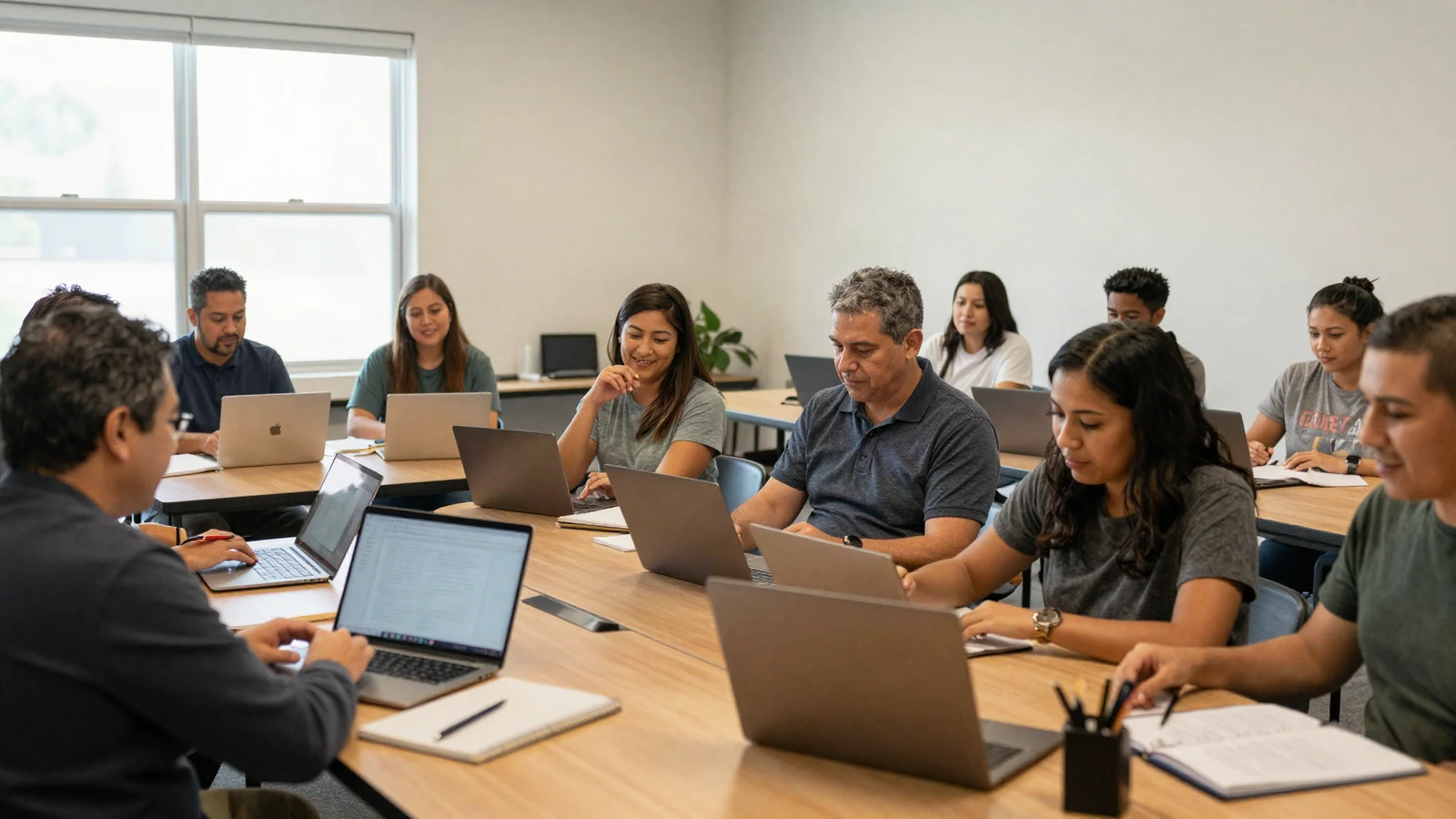 Diverse adult learners collaborating around a laptop in a community learning space