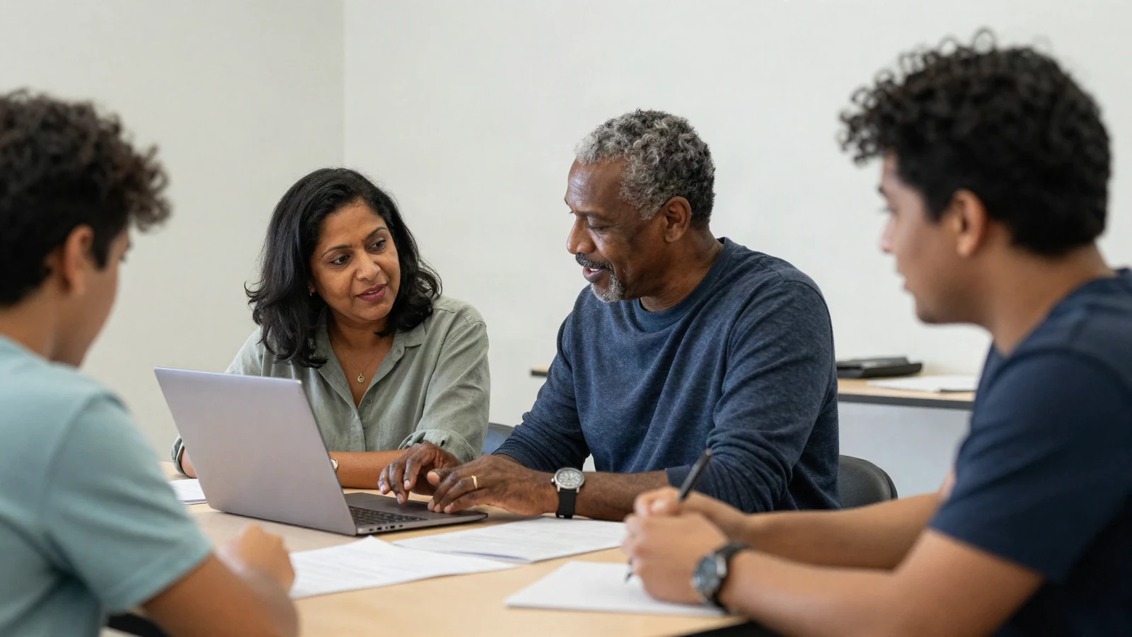 Experienced subject matter experts mentoring adult learners around a practical project